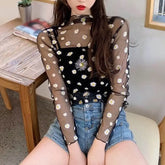 Korean Flower Print Mesh Shirt